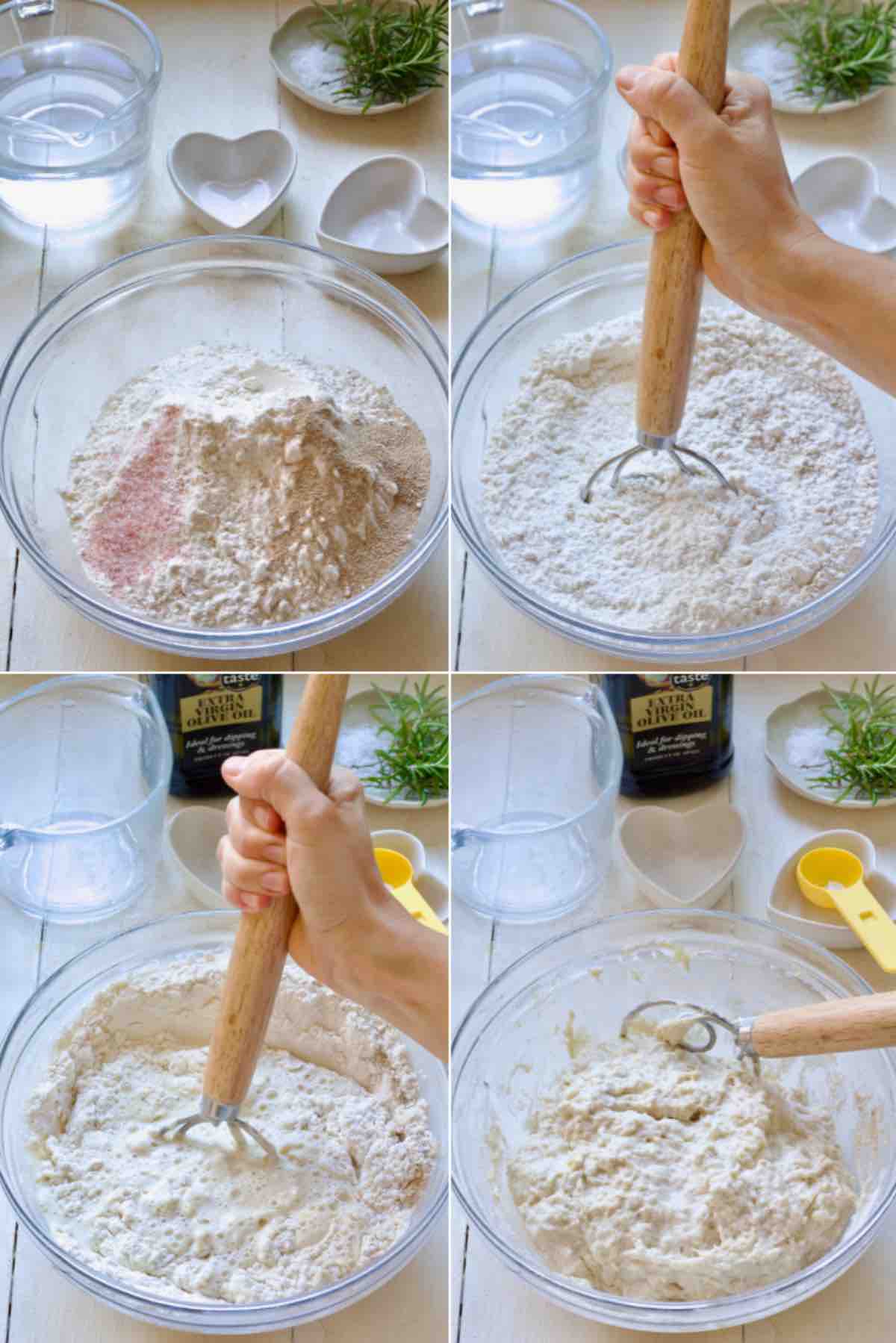 Process of mixing the bread dough with the dough whisk.