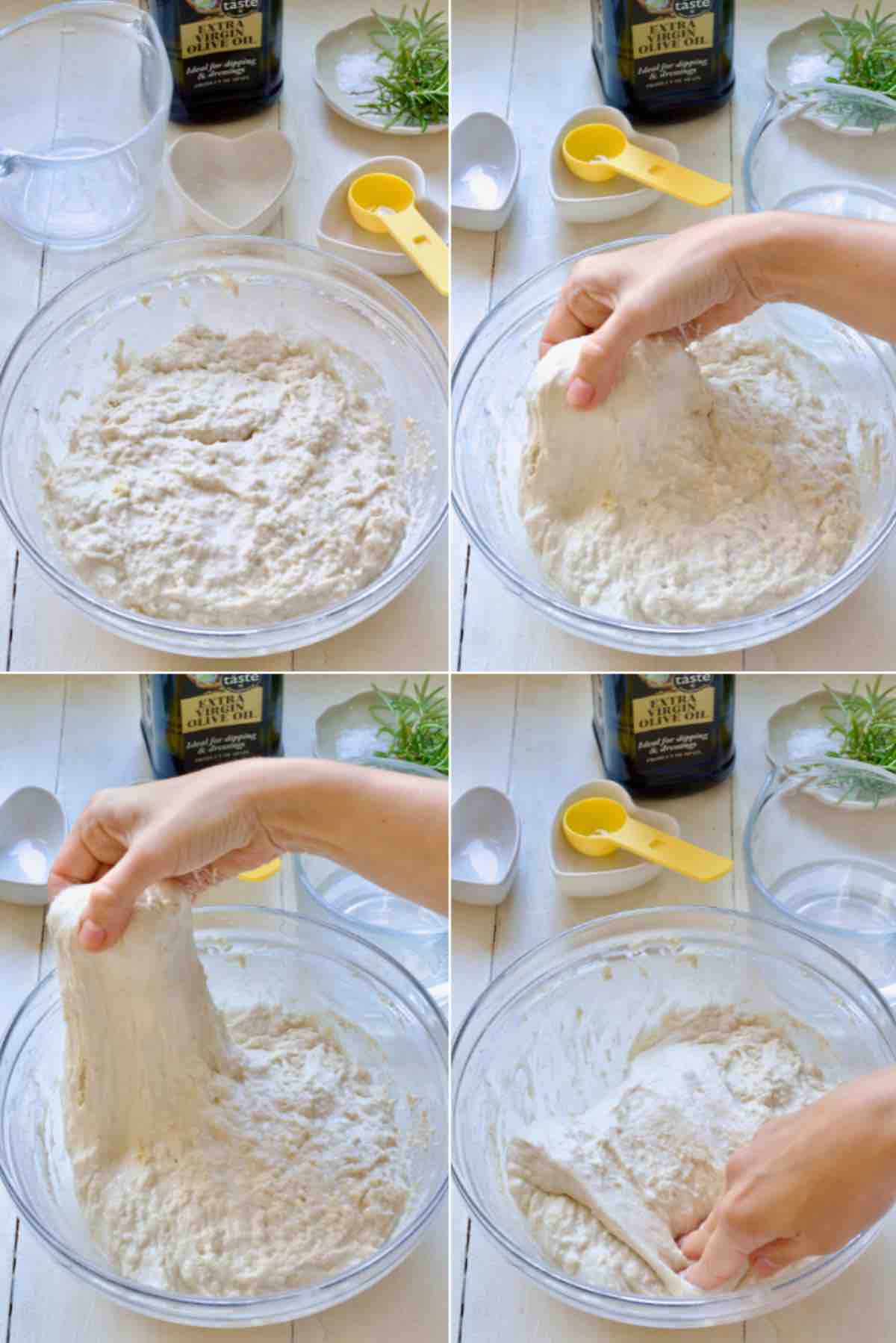 First stretch and fold of dough after initial rest.