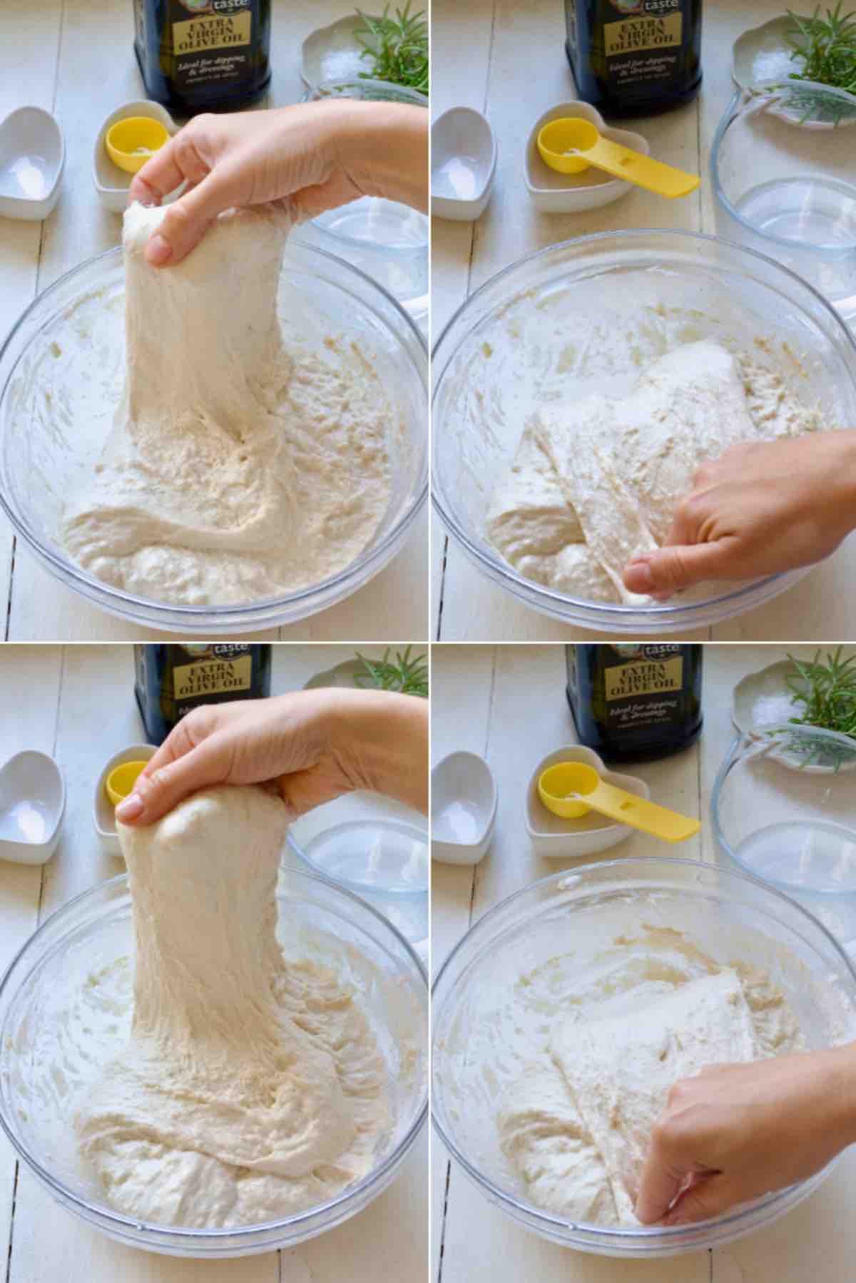 Continuation of stretches and folds of the focaccia dough.