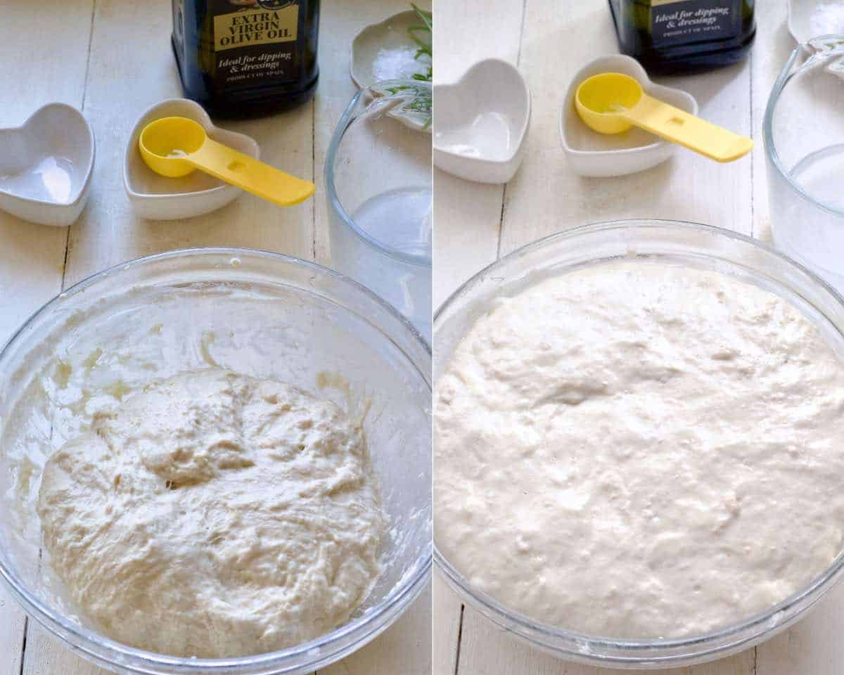 Bread dough in a bowl before and after first proving.