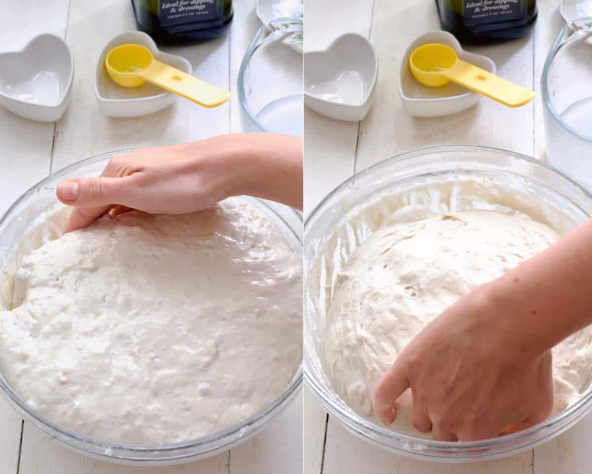 Hand releasing the dough from the edges of the bowl after first proving.