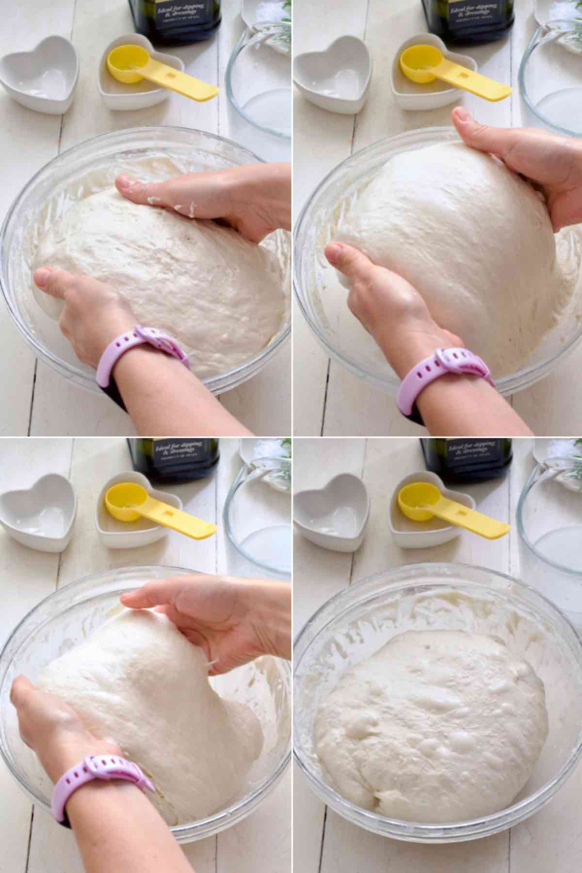 Process of performing coil folds with the bread dough.