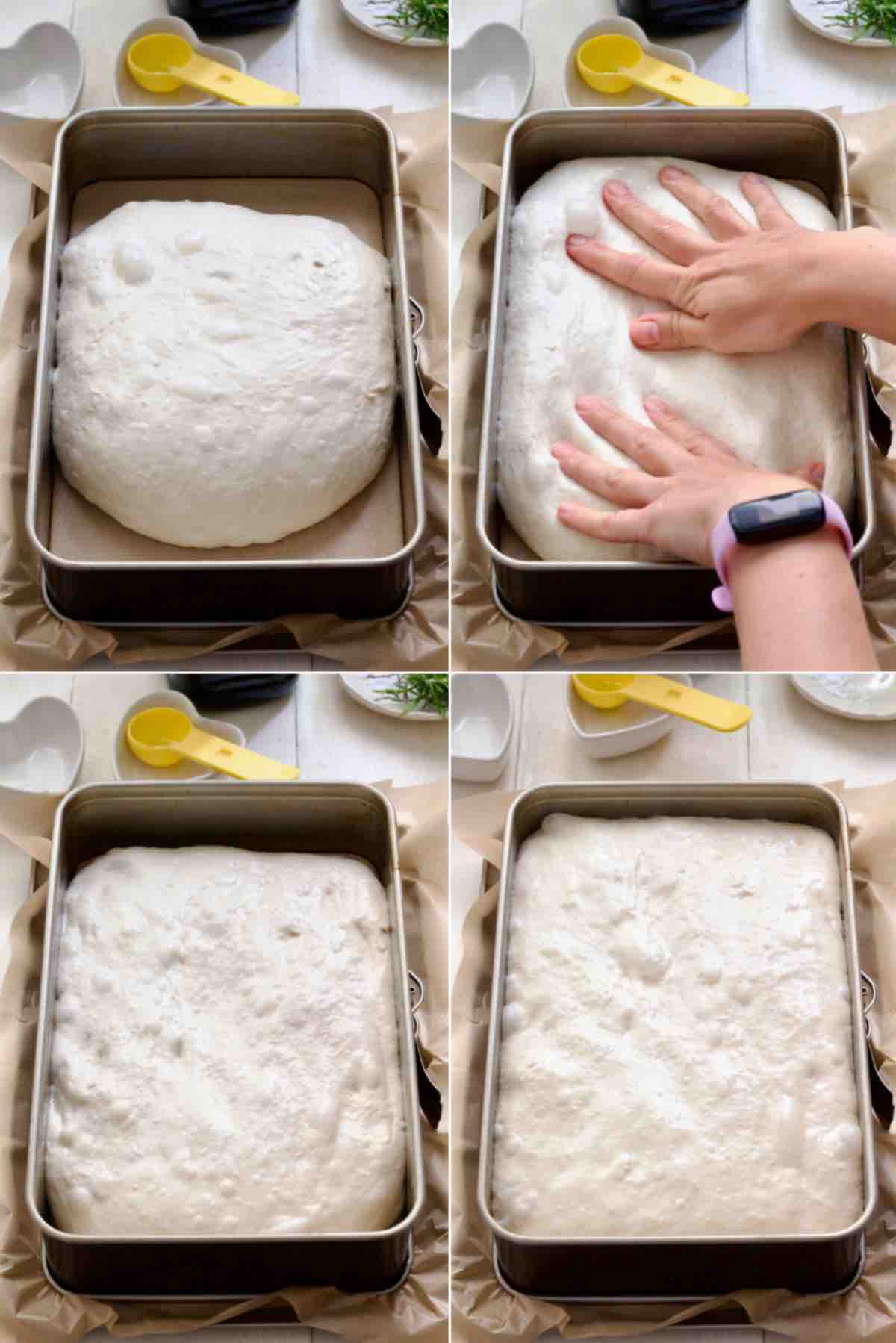 Focaccia dough transferred to the tin for second proving, before and after.