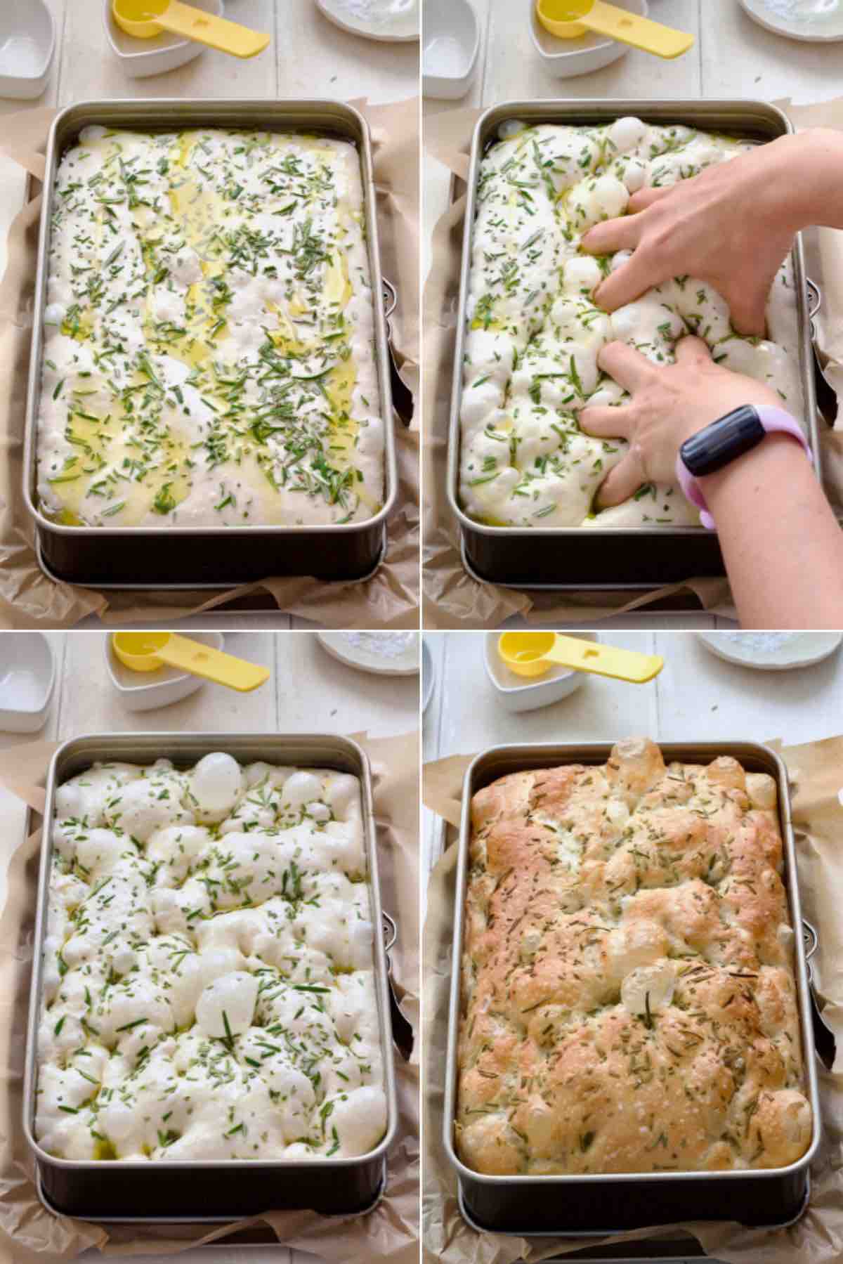 Focaccia toppings, making dimples in dough and baked focaccia out of the oven.