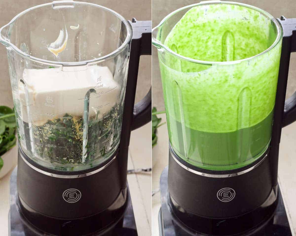 Green pasta sauce before and after blending.