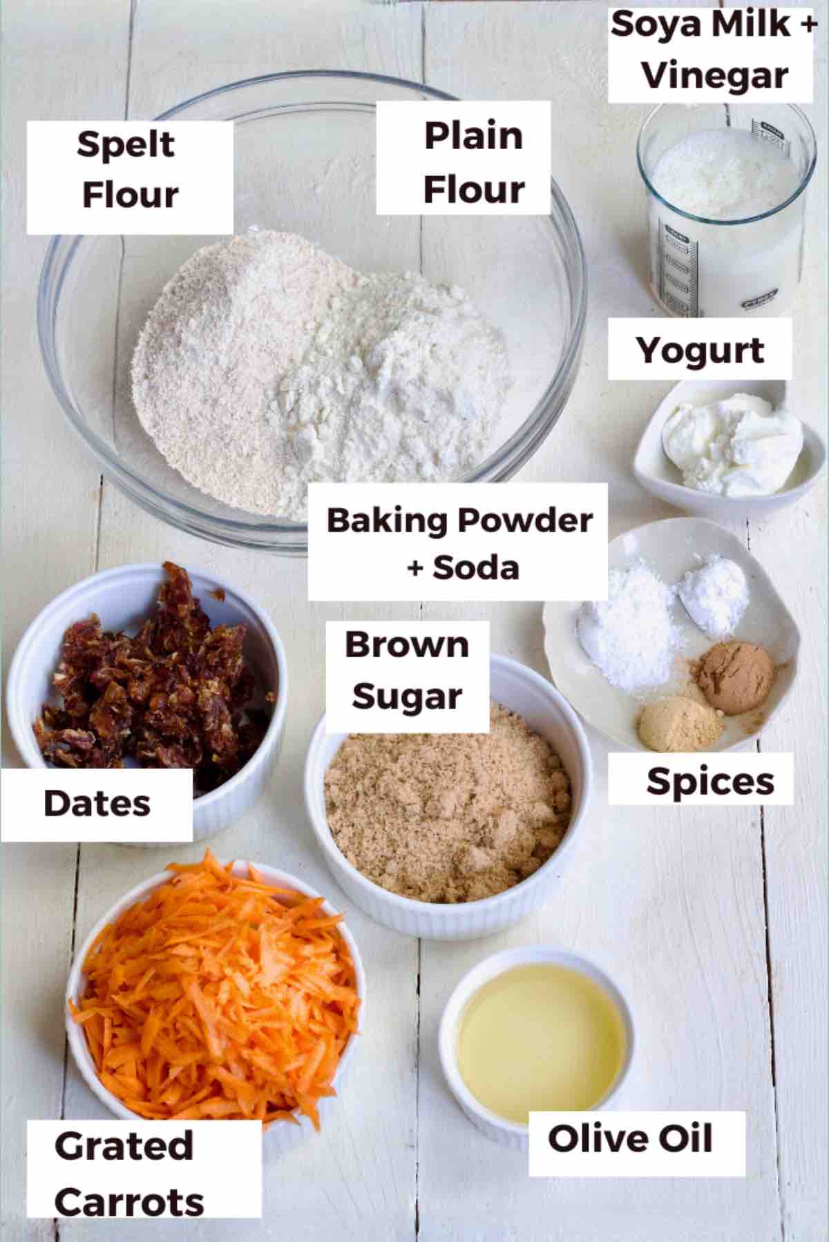 Ingredients for making carrot and date muffins.