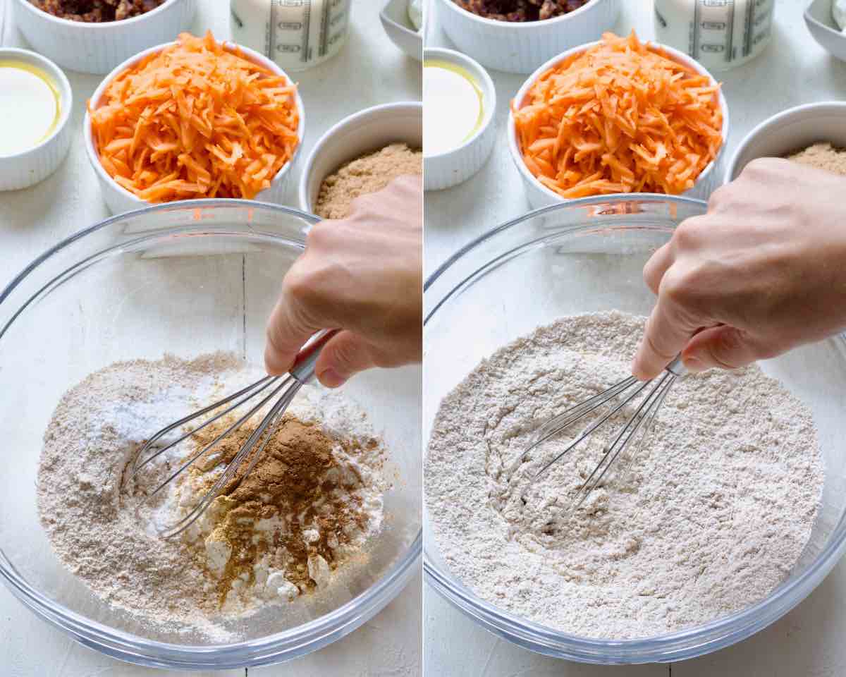 Mixing together dry ingredients in a bowl.