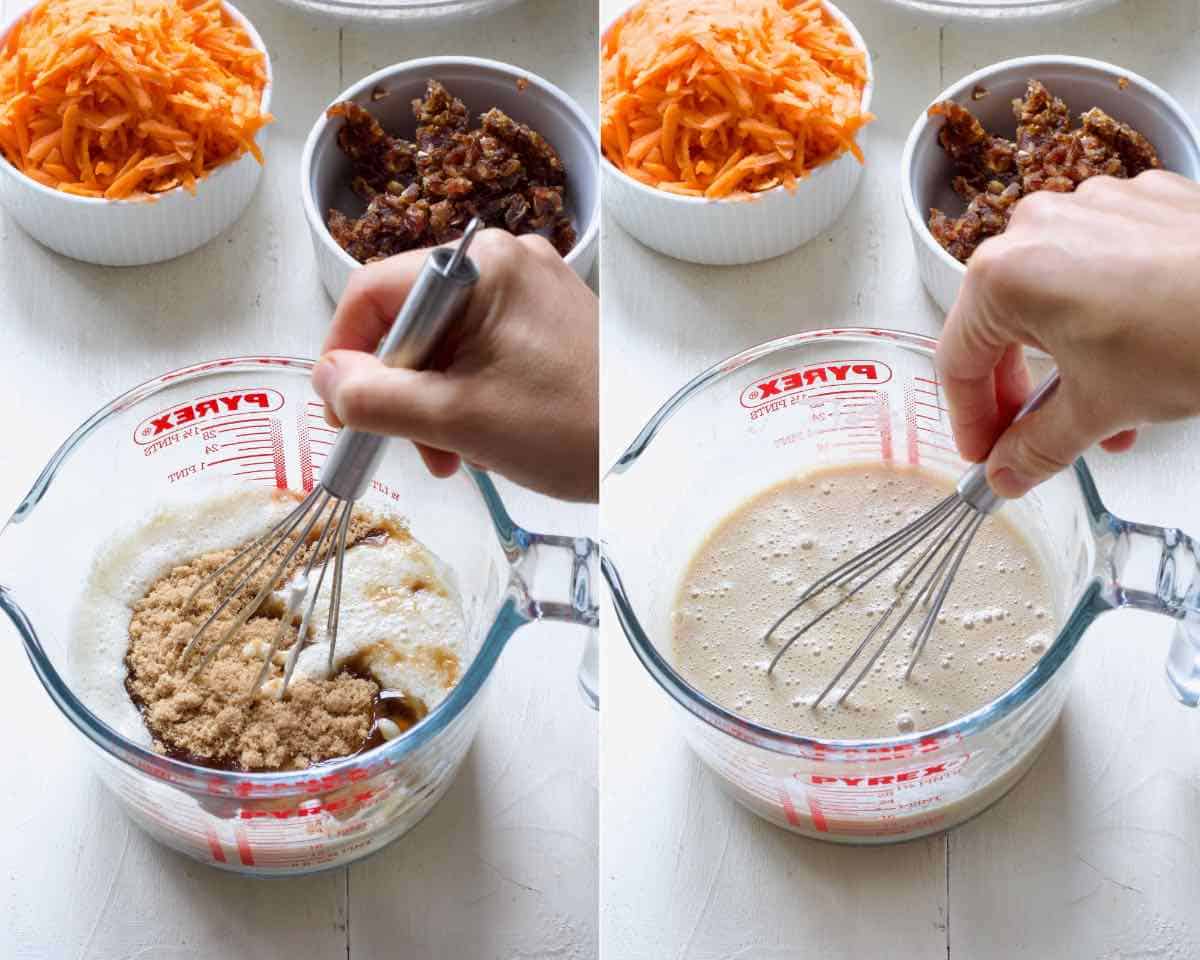Mixing milk, sugar, oil and yogurt in a jug.