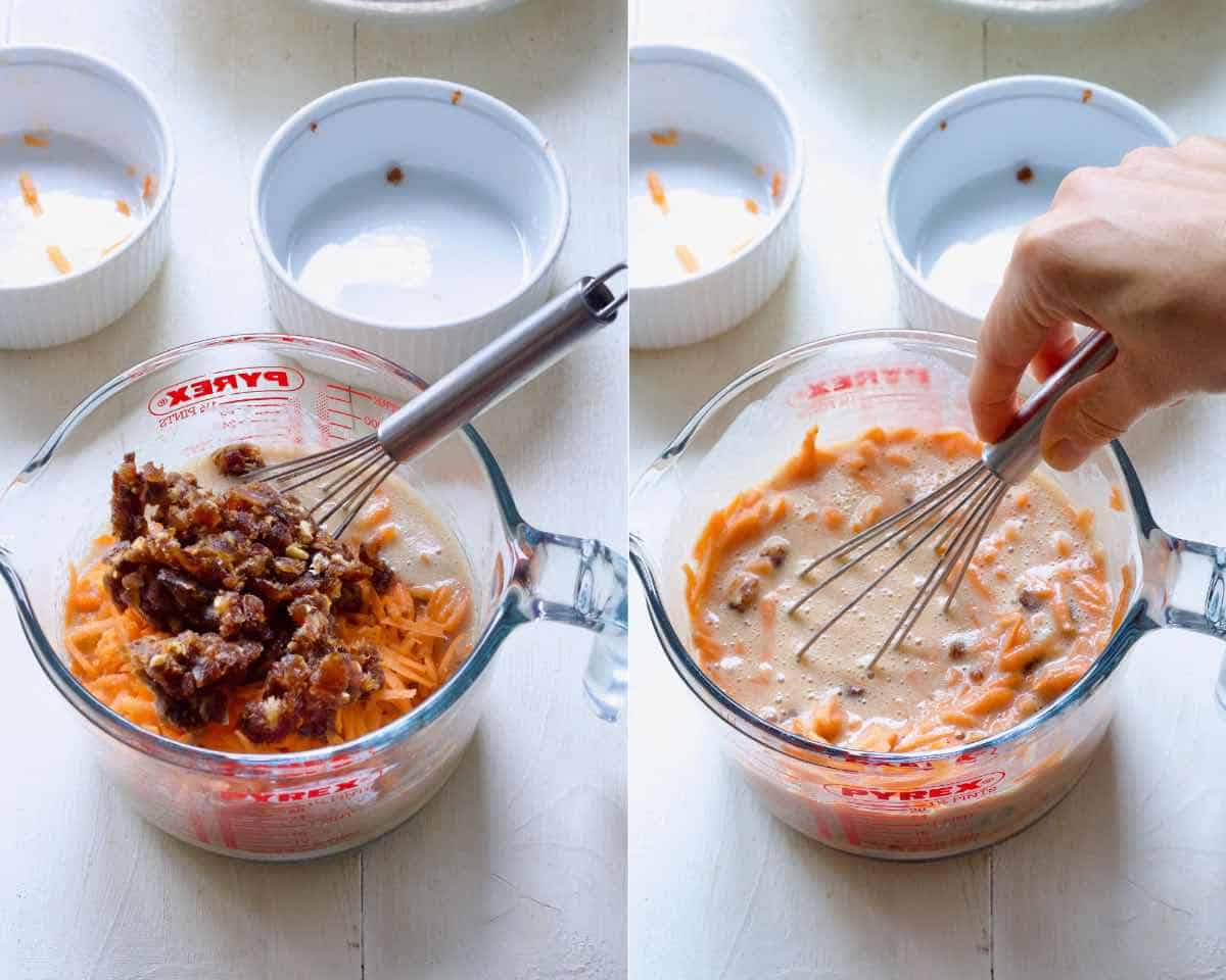 Mixing chopped dates and grated carrots into wet ingredients in a jug.