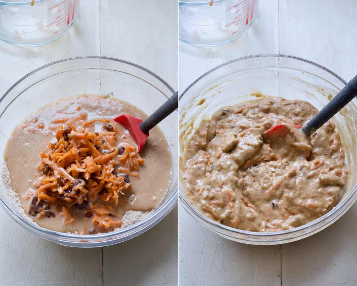 Combining wet and dry ingredients in a bowl.
