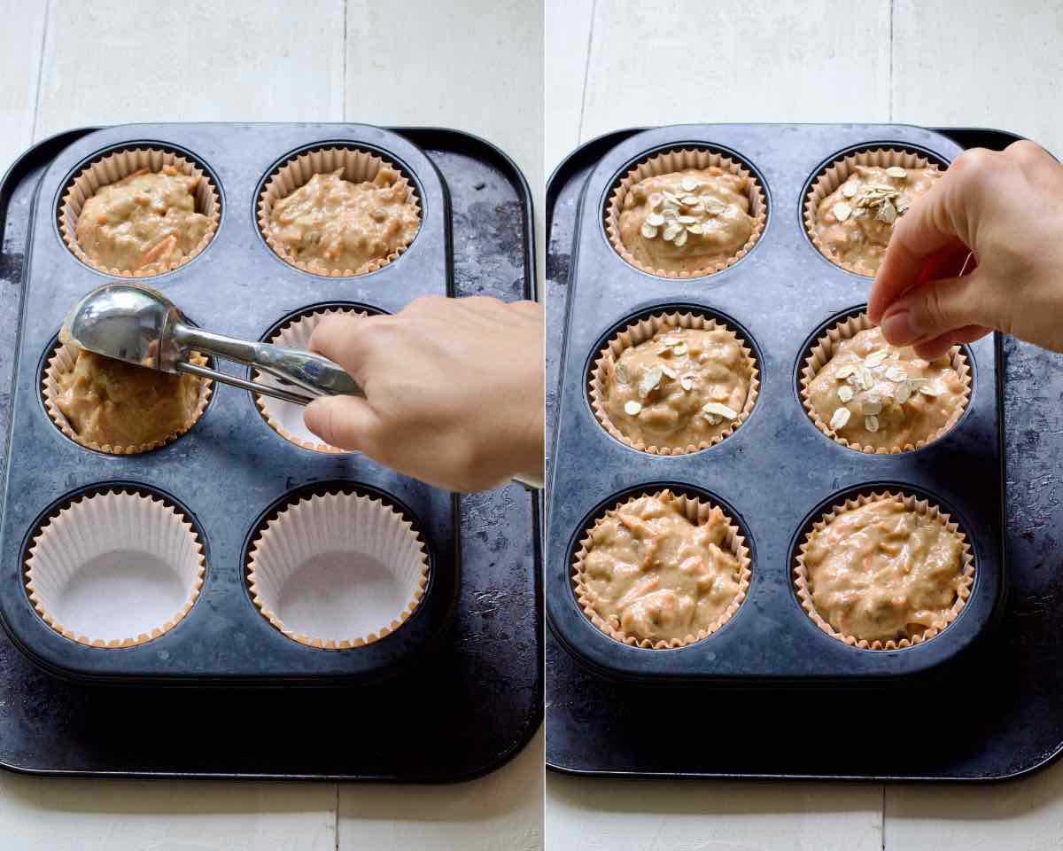 Putting muffin batter into the cases with ice cream scoop and sprinkling oats on top.