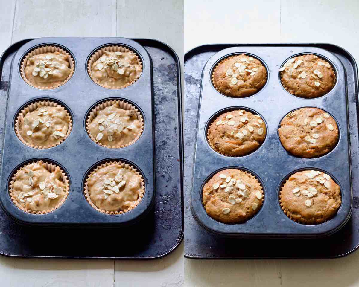 Muffins in a muffin tin before and after baking.