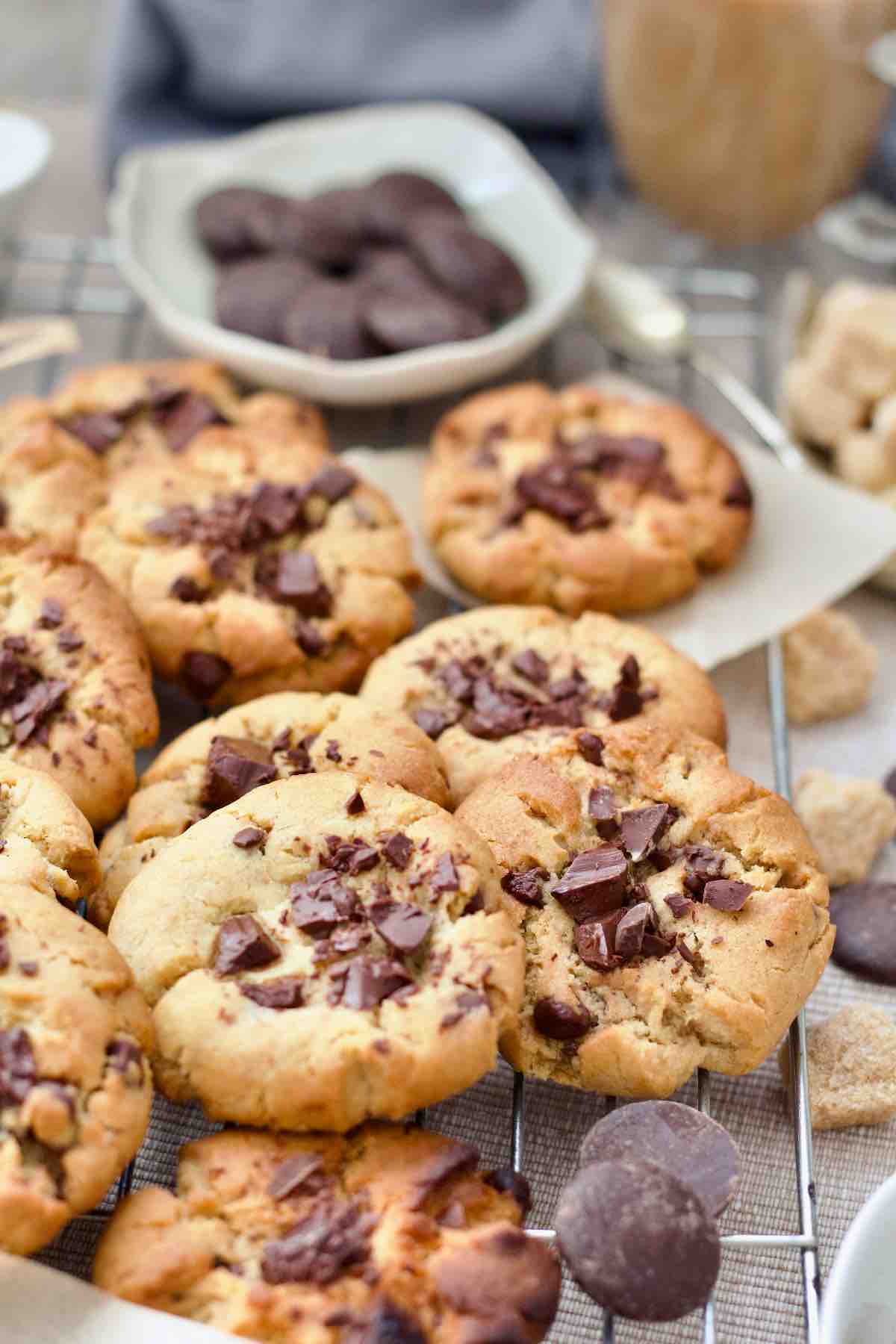 Close up of chocolate chip cookies on a rack.
