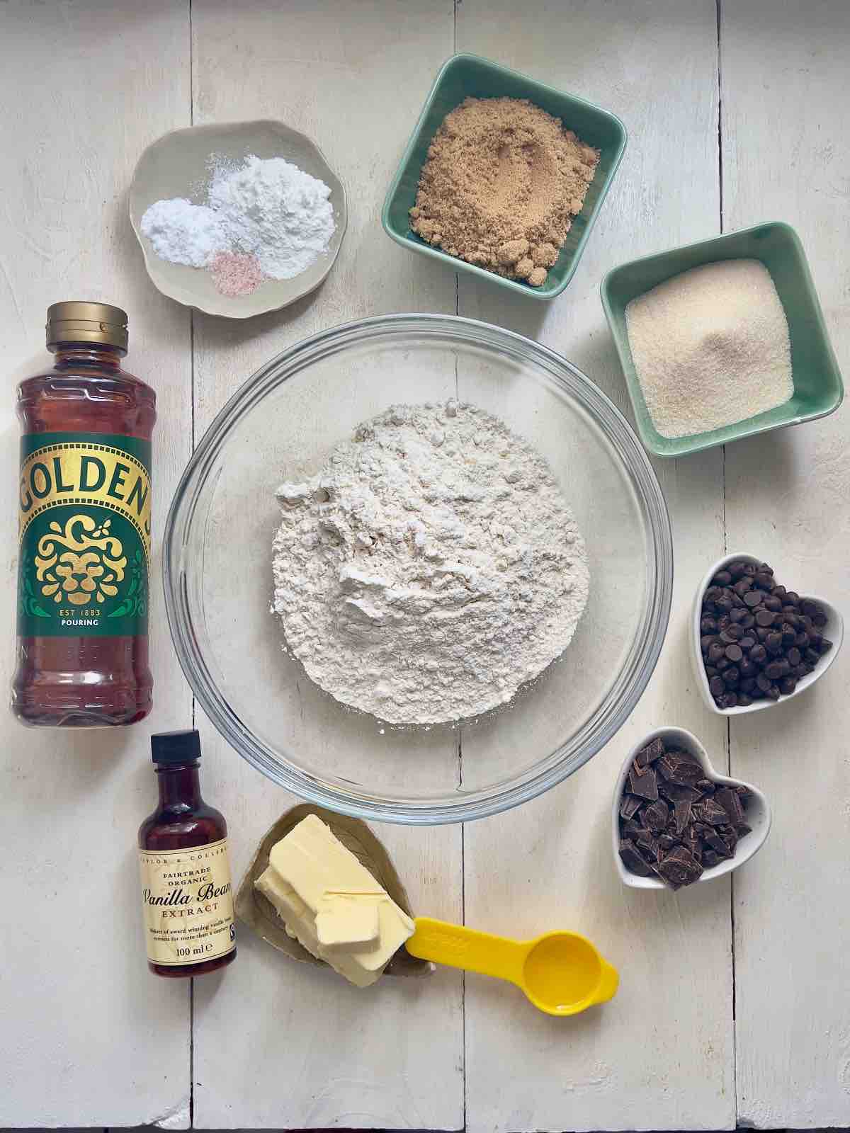 Ingredients for making chocolate chip cookies.
