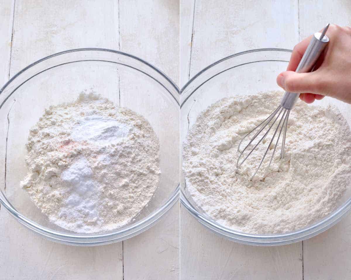 Mixing dry ingredients in a bowl using small whisk.