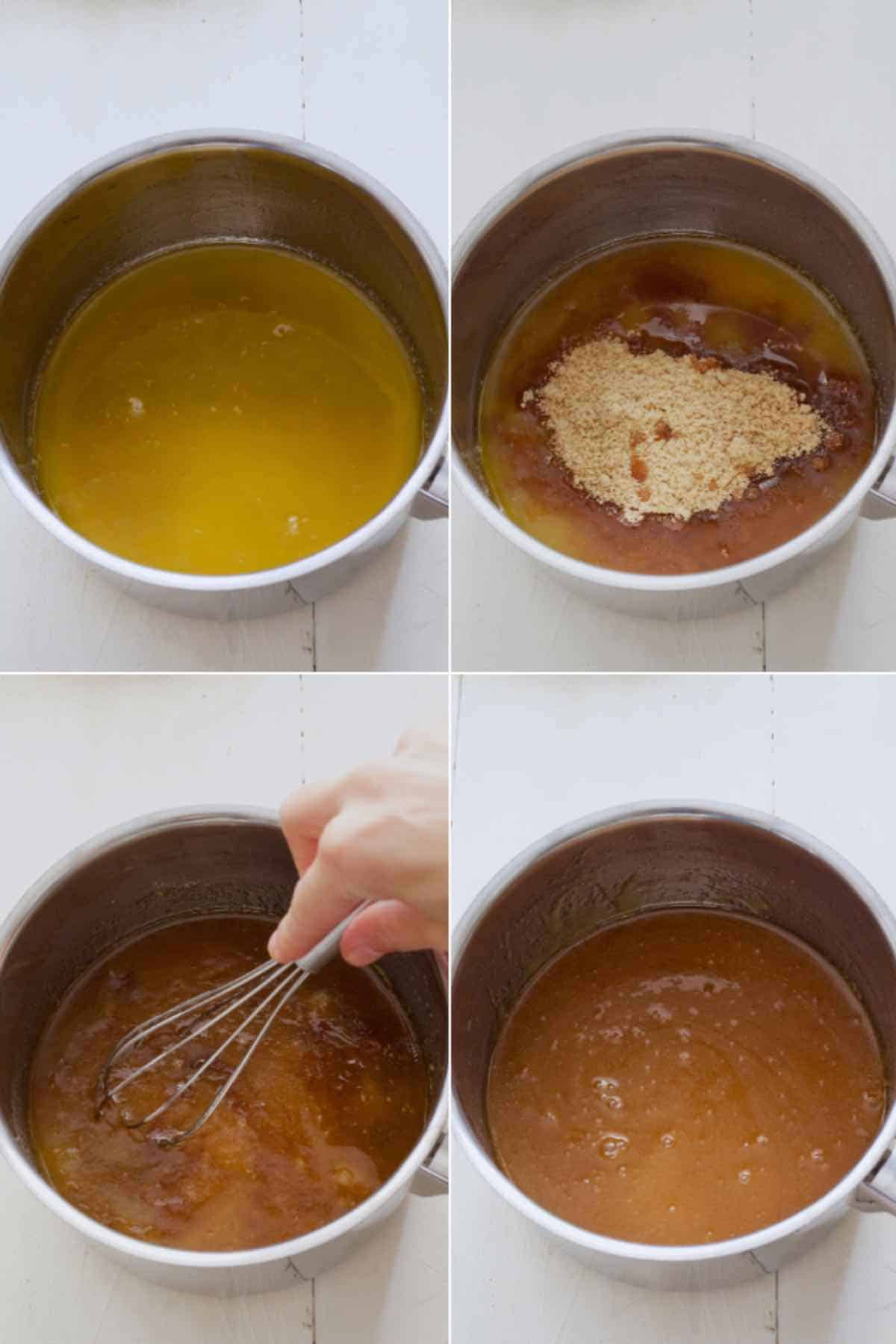 Melting butter and adding in sugars, golden syrup, oil and vanilla.