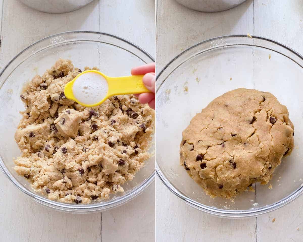 Adjusting dough consistency with some milk before shaping it into a ball.