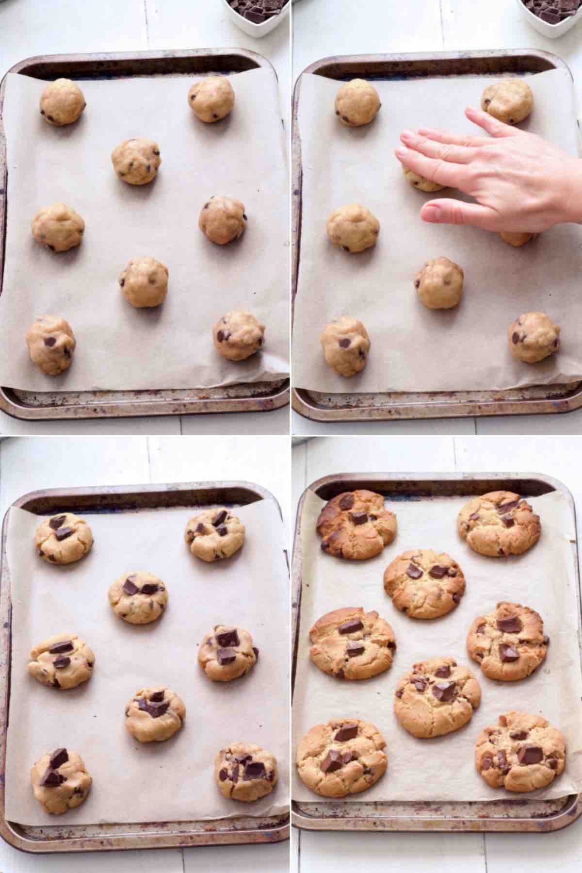 Cookie dough before baking, flattened and more chocolate added to baked.