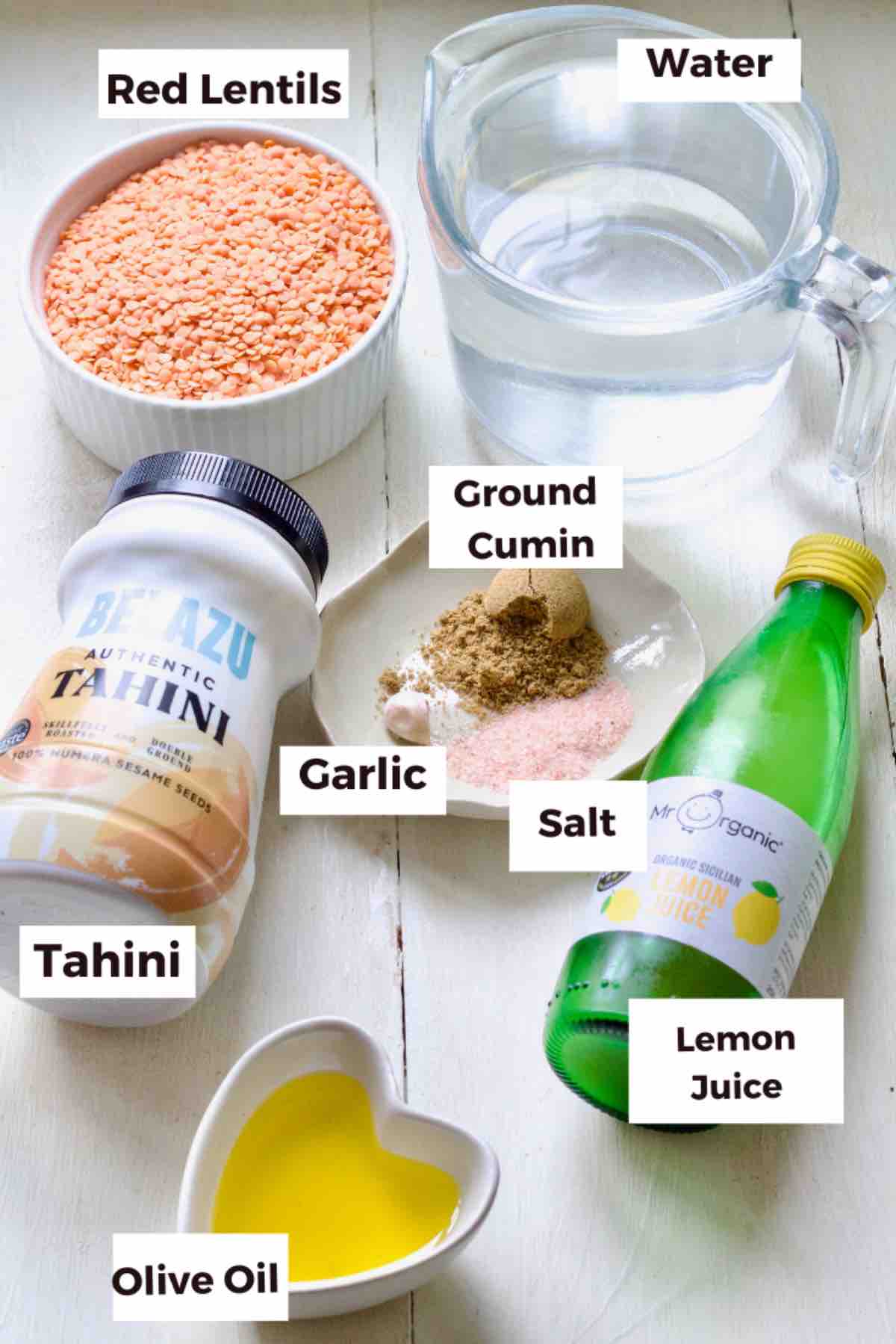 Ingredients for making red lentil hummus.
