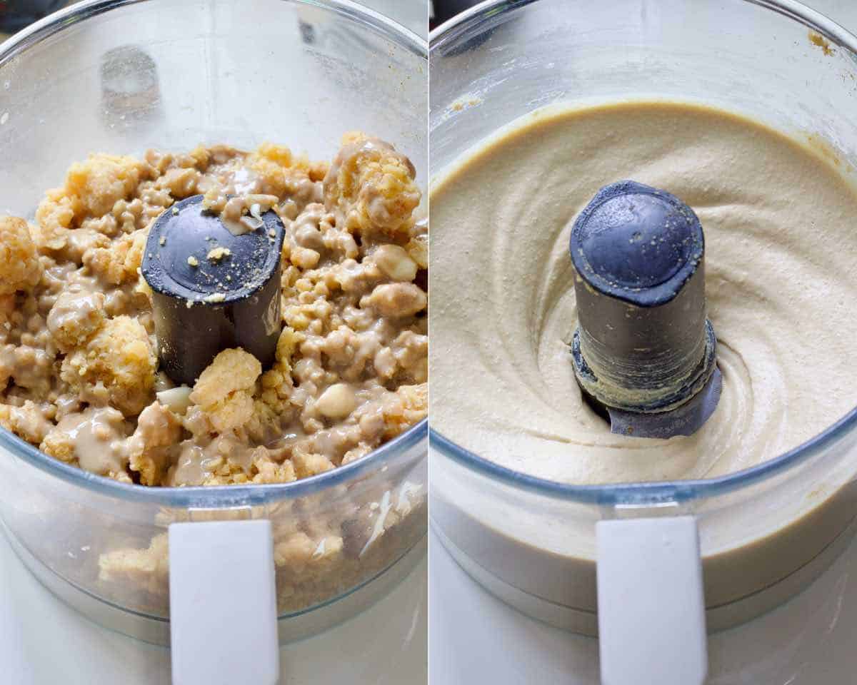 Hummus in a food process before and after blending.