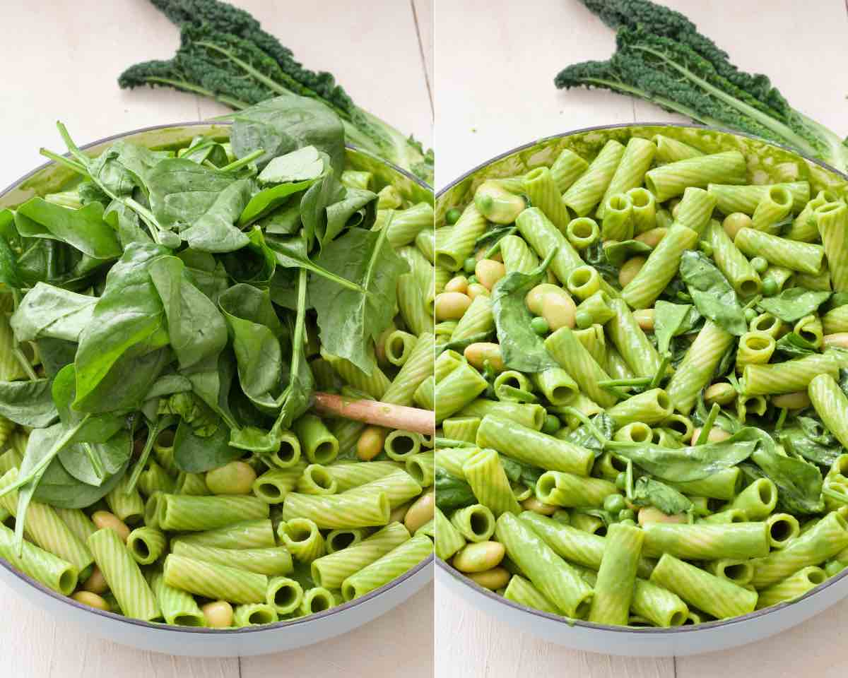 Spinach added and mixed in with the pasta.